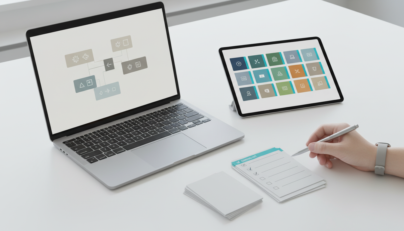 Image for "Implementation Tools and Templates": a tidy workspace composition photographed in modern style — laptop with abstract modular cards on screen represented as neutral colored blocks and small icon glyphs (no readable text), printed checklist cards and a tablet showing a grid of template tiles (color-coded with cyan accent strips ~10%), a pen, and a printed checklist with checkbox marks (icons only), arranged to show 'ready-to-use' templates and schema building blocks, clean white background, soft directional lighting, minimal human presence (hand reaching in frame), professional and practical feel, 16:9 aspect ratio