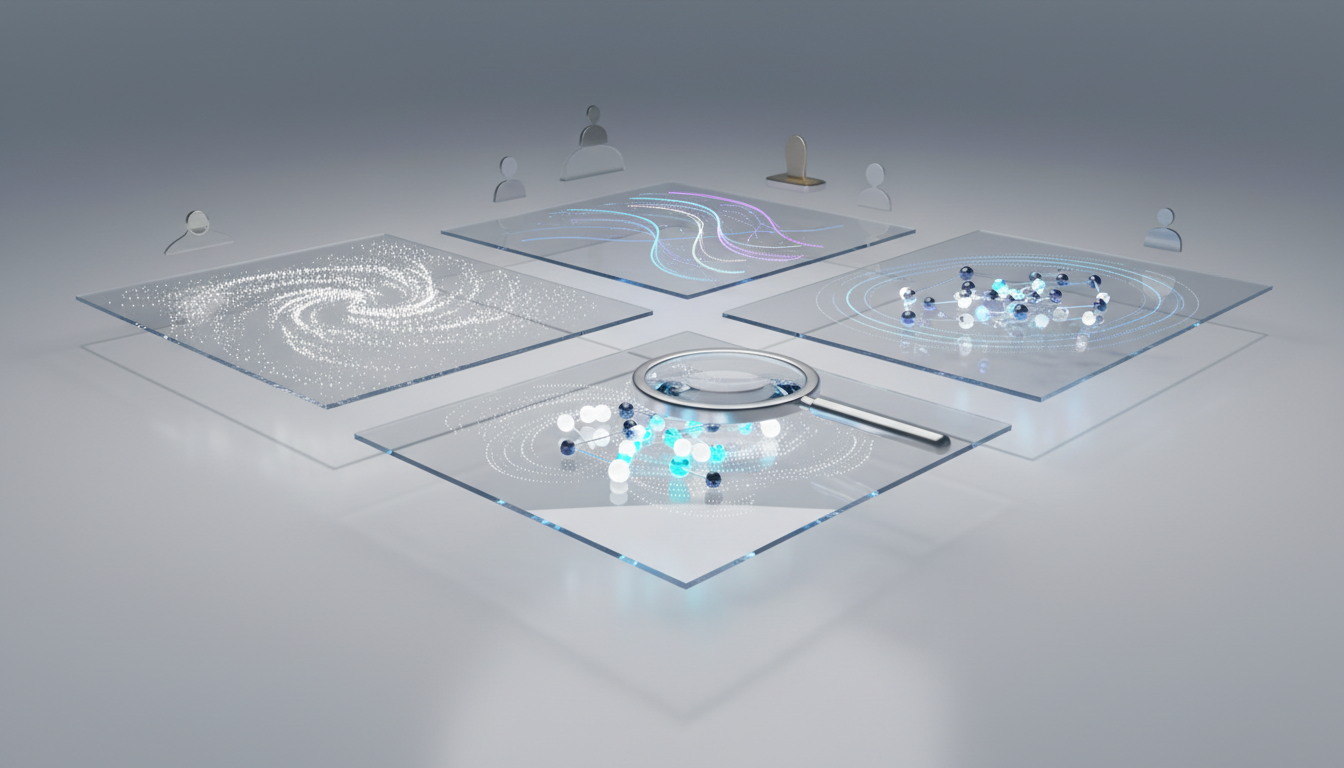 Visual for "Measuring ROI from AI Visibility Initiatives": a conceptual analytics tableau — layered translucent panels floating above a white table, each panel displays abstract visual indicators (rising dot clouds, line arcs, and clustered citation nodes) without text or numbers, a central magnifying-glass-style light focusing on a cluster of glowing citation dots with cyan highlights (#00D9FF used as accent on key dots ~15%), small platform-agnostic assistant silhouettes (abstract rounded shapes) appear above panels to imply cross-surface testing, polished photoreal composite, crisp studio lighting, professional measurement and dashboard mood, 16:9 aspect ratio